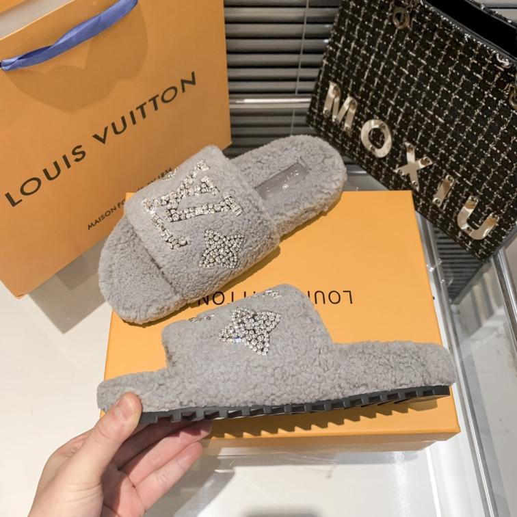 Louis Vuitton winter LV Crystal fur flat shoes
