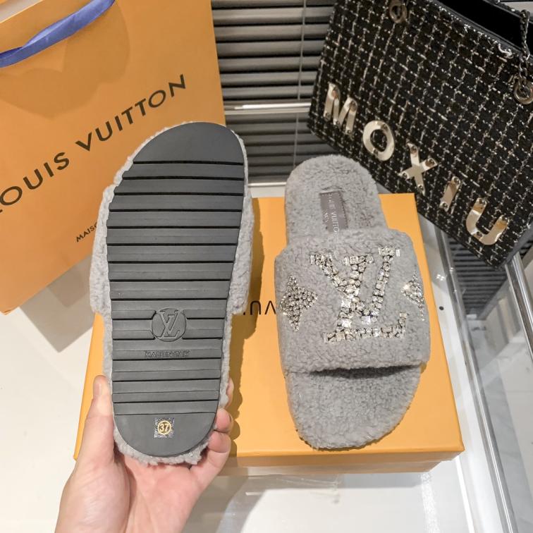 Louis Vuitton winter LV Crystal fur flat shoes