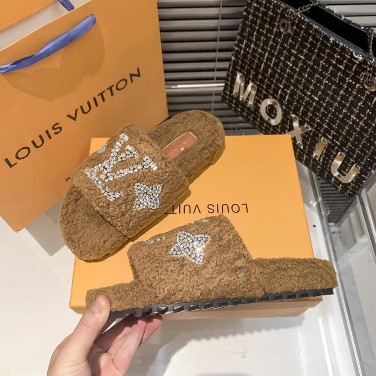 Louis Vuitton winter LV Crystal fur flat shoes