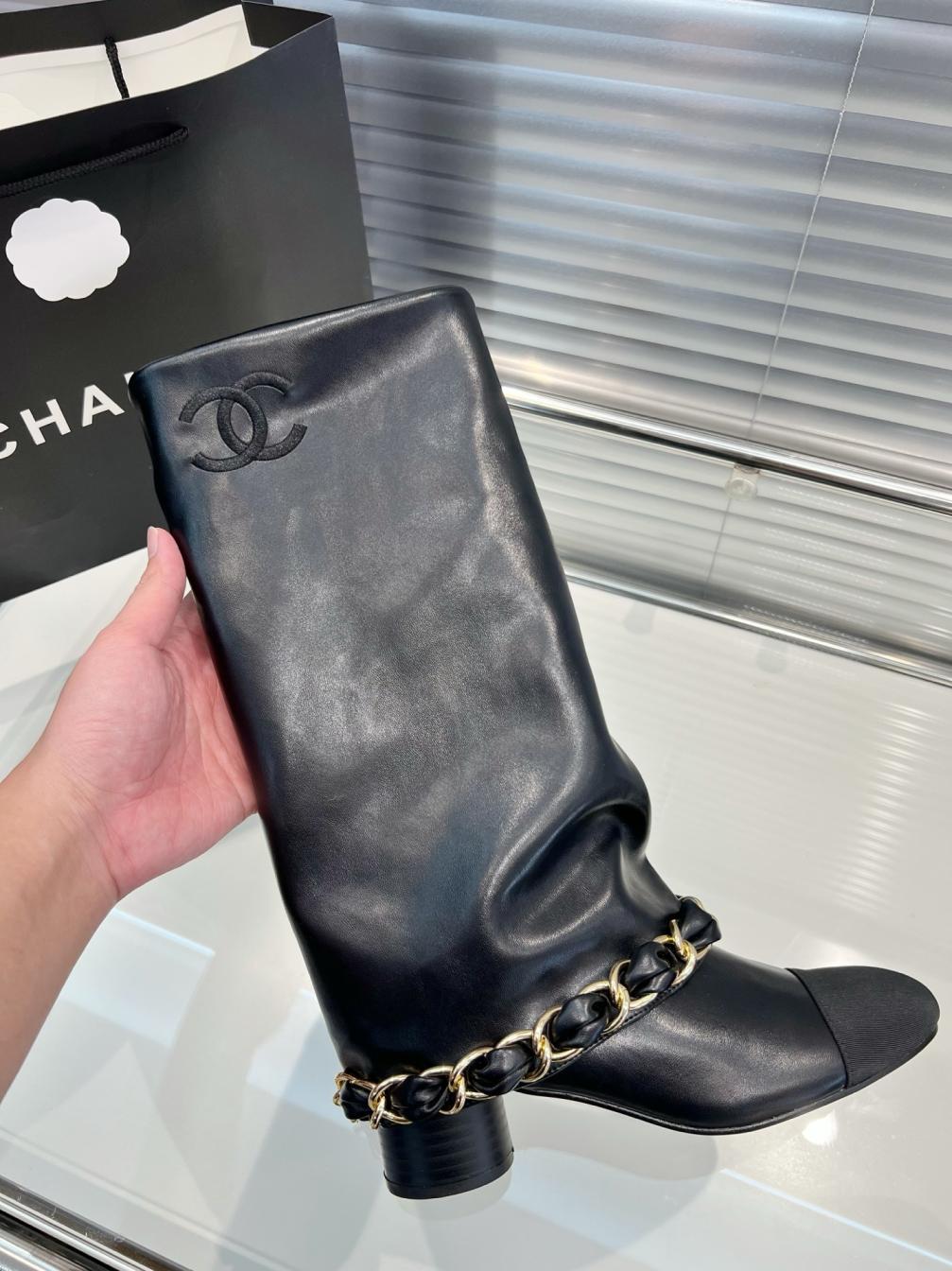Chanel lambskin long leather winter boots